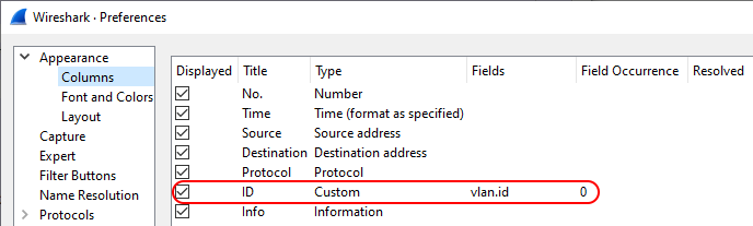 VLAN column preferences